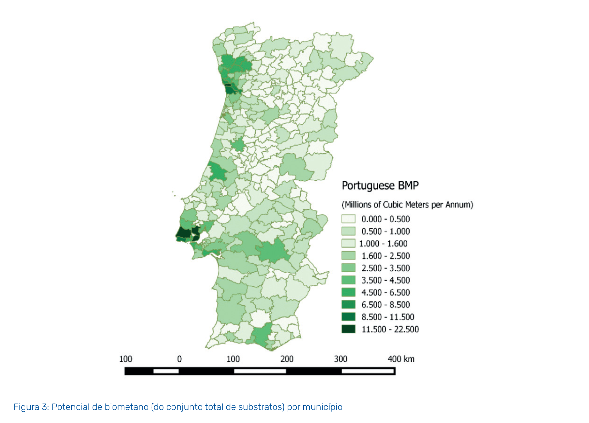 Mapa de potencial de biometano em Portugal